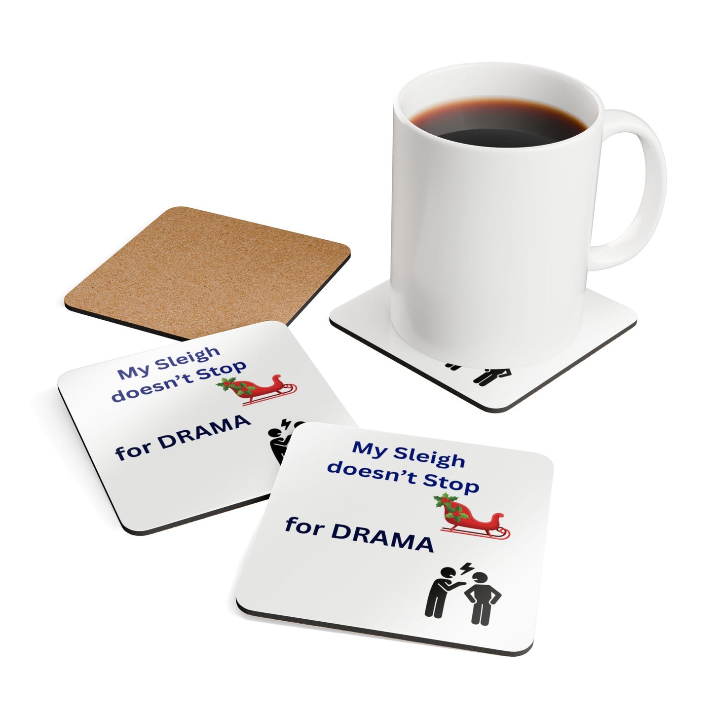 Festive Cork Coaster Set - My Sleigh Doesn't Stop for Drama | Holiday Decor, Gift Idea, Home Bar Essentials, Christmas Party Accessories