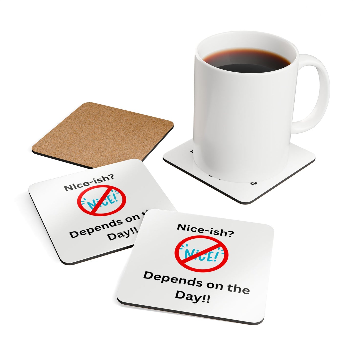 Humorous Cork Coaster Set - Fun Drinkware, Nice-ish Coasters, Gift for Friends, Home Bar Decor, Coffee Table Accessory
